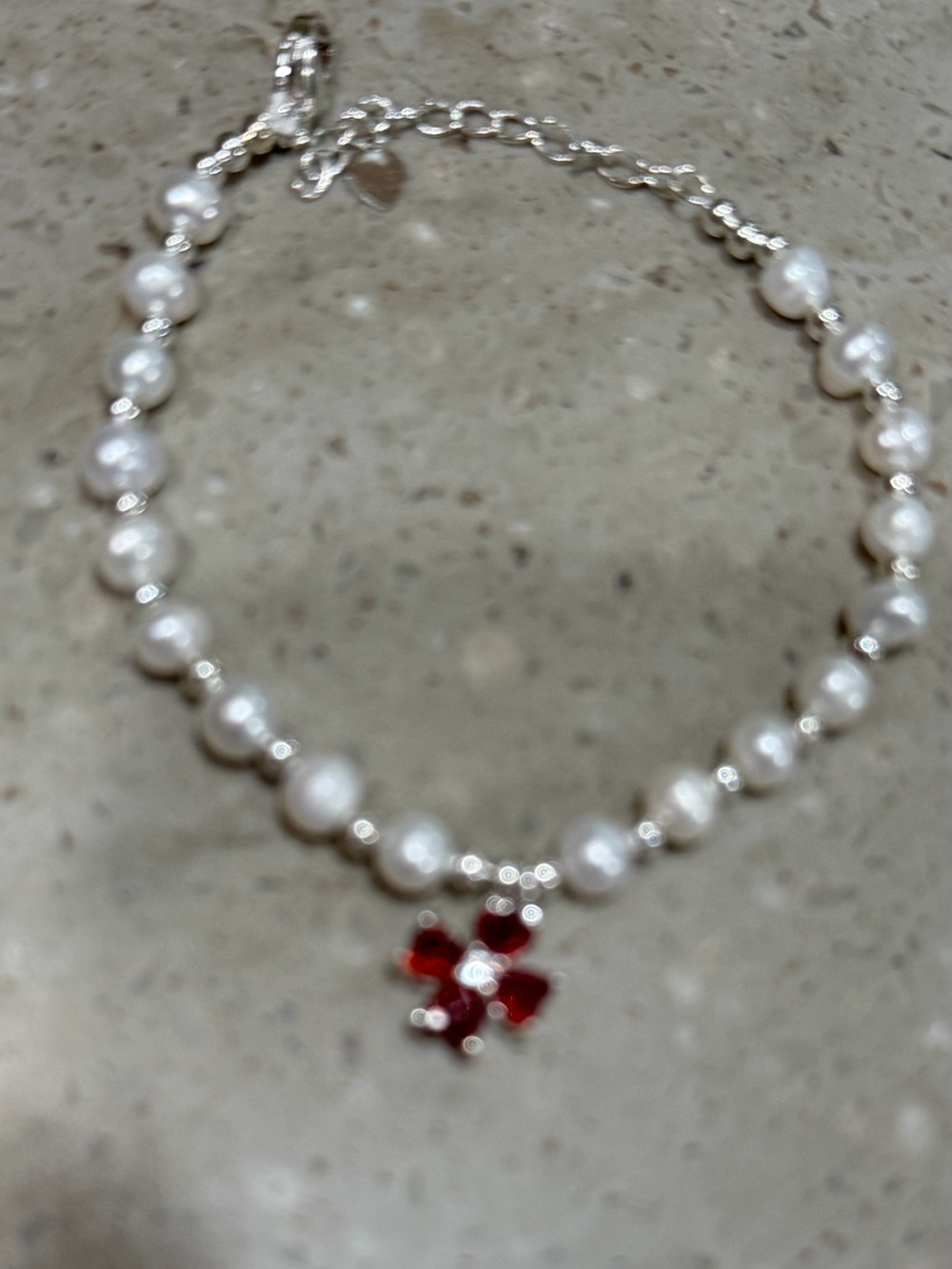 Pearl Bracelet with Red Clover Charm